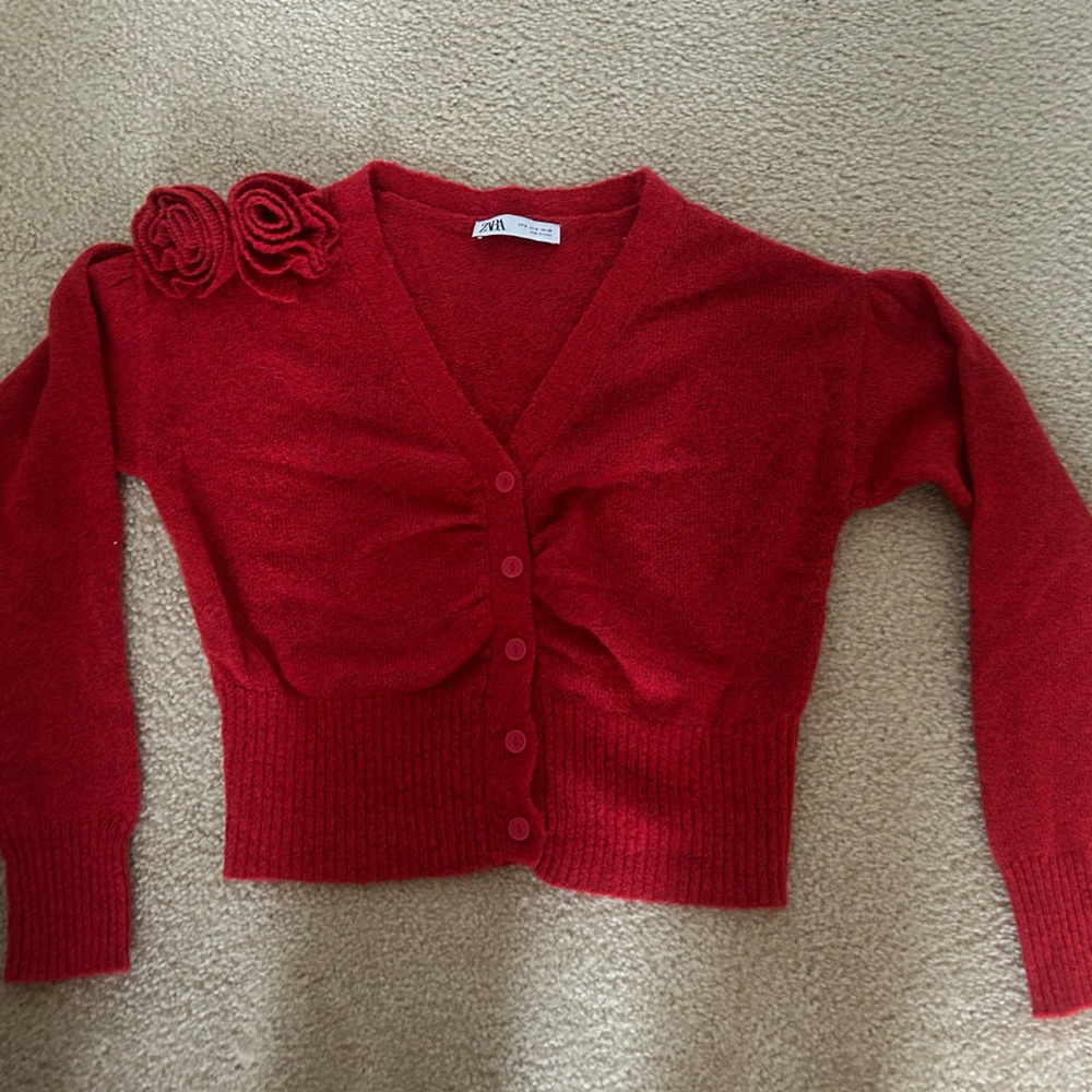 Zara Red Cardigan with Floral Accents